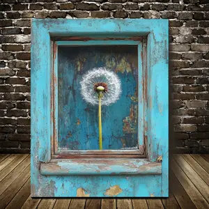 1 Piece Country Style Teal and Turquoise Blue Dandelion Canvas Wall Art, Pine Wood Frame - Teal Window Design with Distressed White Paint Texture, Modern Farmhouse Decor, Suitable for Living Room, Bedroom, Home Office - Indoor/Outdoor Use, Spring Summer T