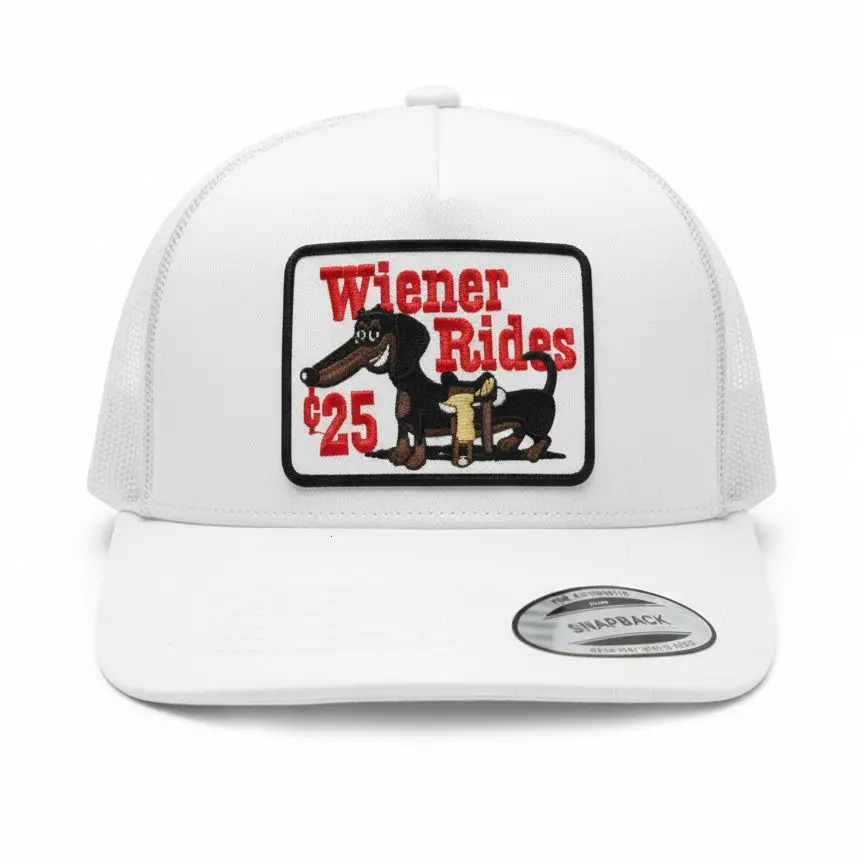 Wiener Rides Funny Patch Hat White Mesh Trucker Cap Dachshund Dog 7 Panel Flat Bill Snapback Hat Vintage Retro Humor Graphic Baseball Cap For Men Women Novelty Rude Joke Gift