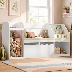 HAUOMS 63" Kids Bookshelf with Storage, Reading Nook, Toy Storage Organizer, 5-in-1 Bookcase with Padded Bench, 2 Removable Bins, Open Cubby, Low Center of Gravity & Rounded Edges, Living Room, White