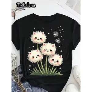 Casual Fashion Cute Cat Dandelion Print T-Shirt   Adorable Kitten Graphic Tee, Perfect for Lounging, Going Out, or a Thoughtful Gift   Ideal for Christmas, Valentine's Day, or Birthday