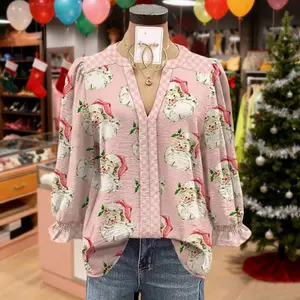 Cherrybetty Mixed Christmas Santa Print Cuff Sleeve Top Blouses Shirts cute fall outfits going outfits going tops basic tops elegant classy tops game day outfit office outfits women club outfits women