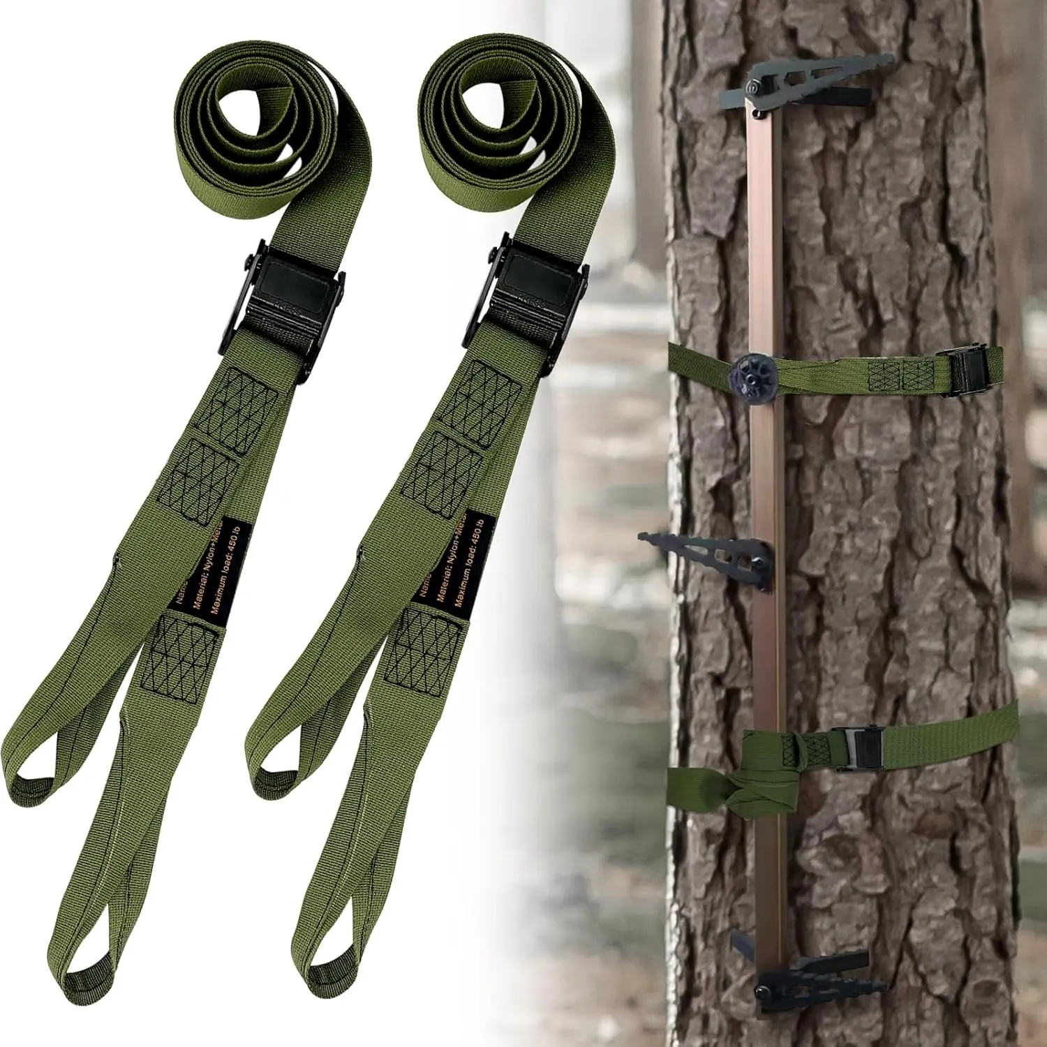 Heavy Duty Nylon Replacement Climbing Stick Straps, 6.5FT Extended Length Universal Stainless Steel Buckle Tree Stand Straps, Reusable Hunting Accessories for Hang-On Platforms - Heavy-Duty 400LB Capacity High Safety Factor, Metal