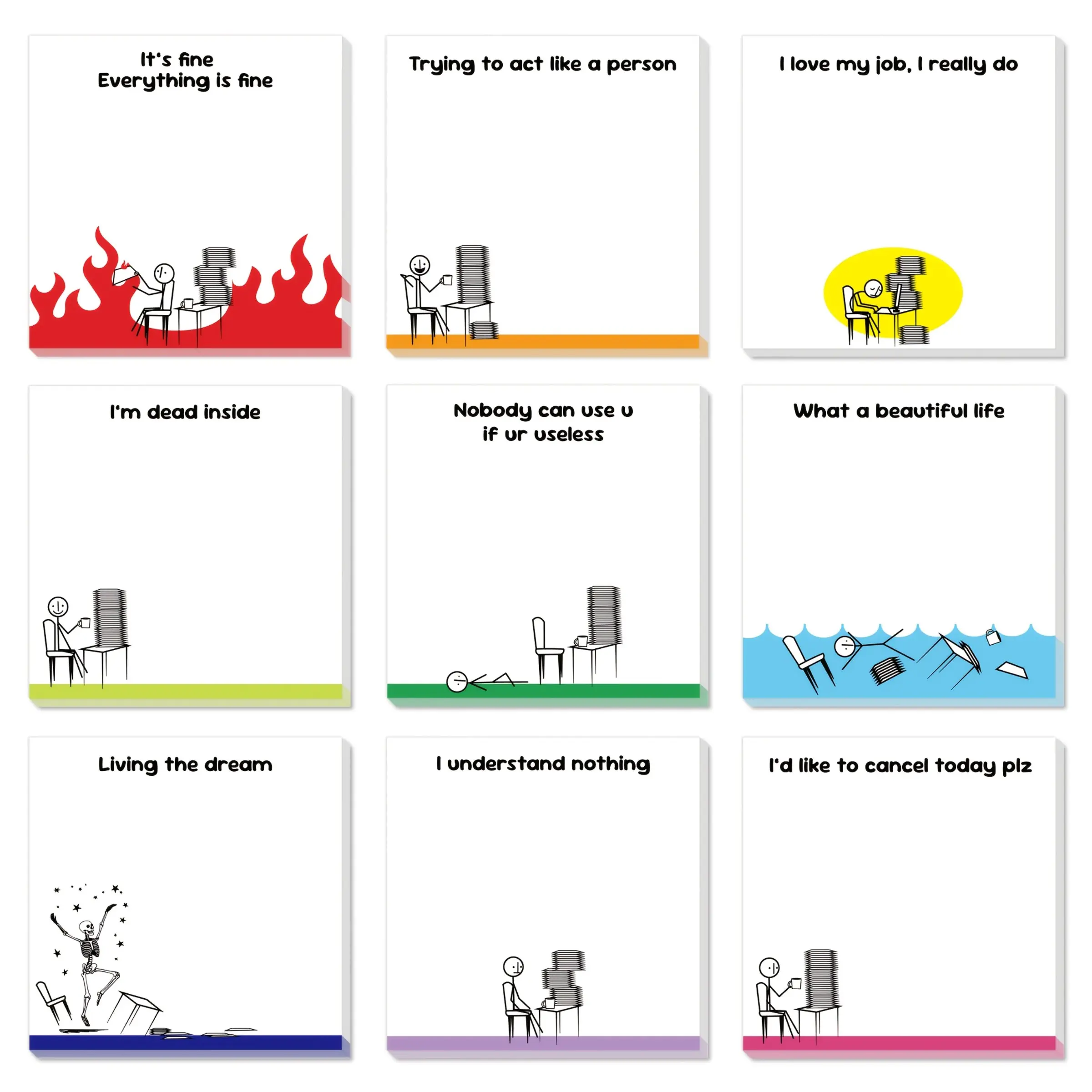 9pcs Funny Memo Book Set, Sticky Labels, Office Disaster Scene Satirical Notes, Humorous Quotes for Desk Decor & Gifting, Ideal for Colleagues & Students, Office Supplies