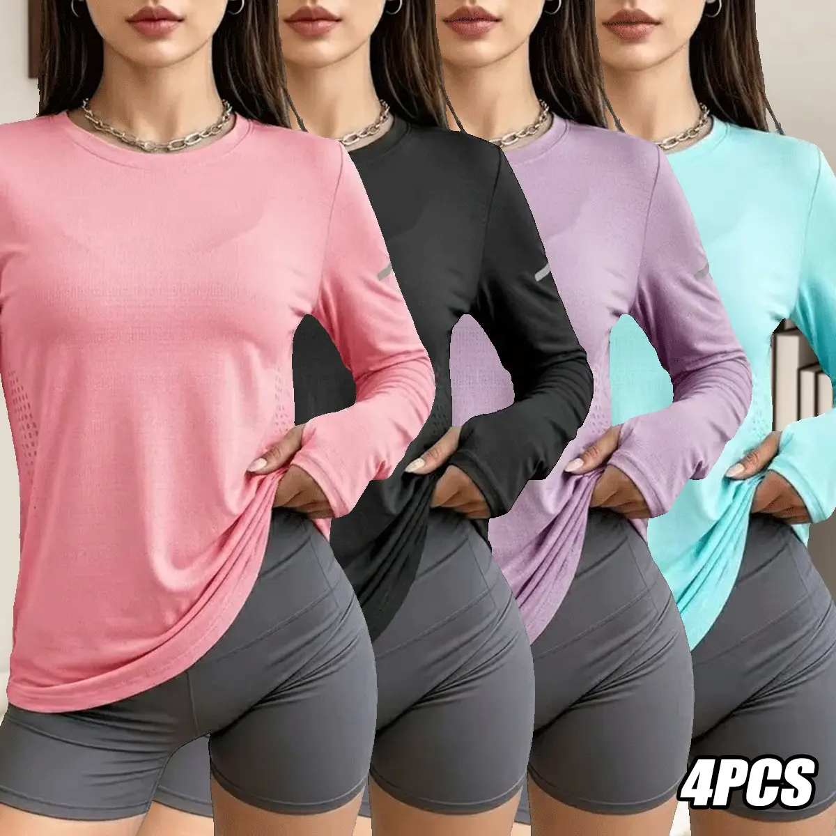 Women’s quick-dry T-shirt set, 4 pieces, breathable mesh long sleeves, elastic crew neck, suitable for casual wear in all seasons; ideal for sports, running, fitness, and outdoor activities; women’s tops.