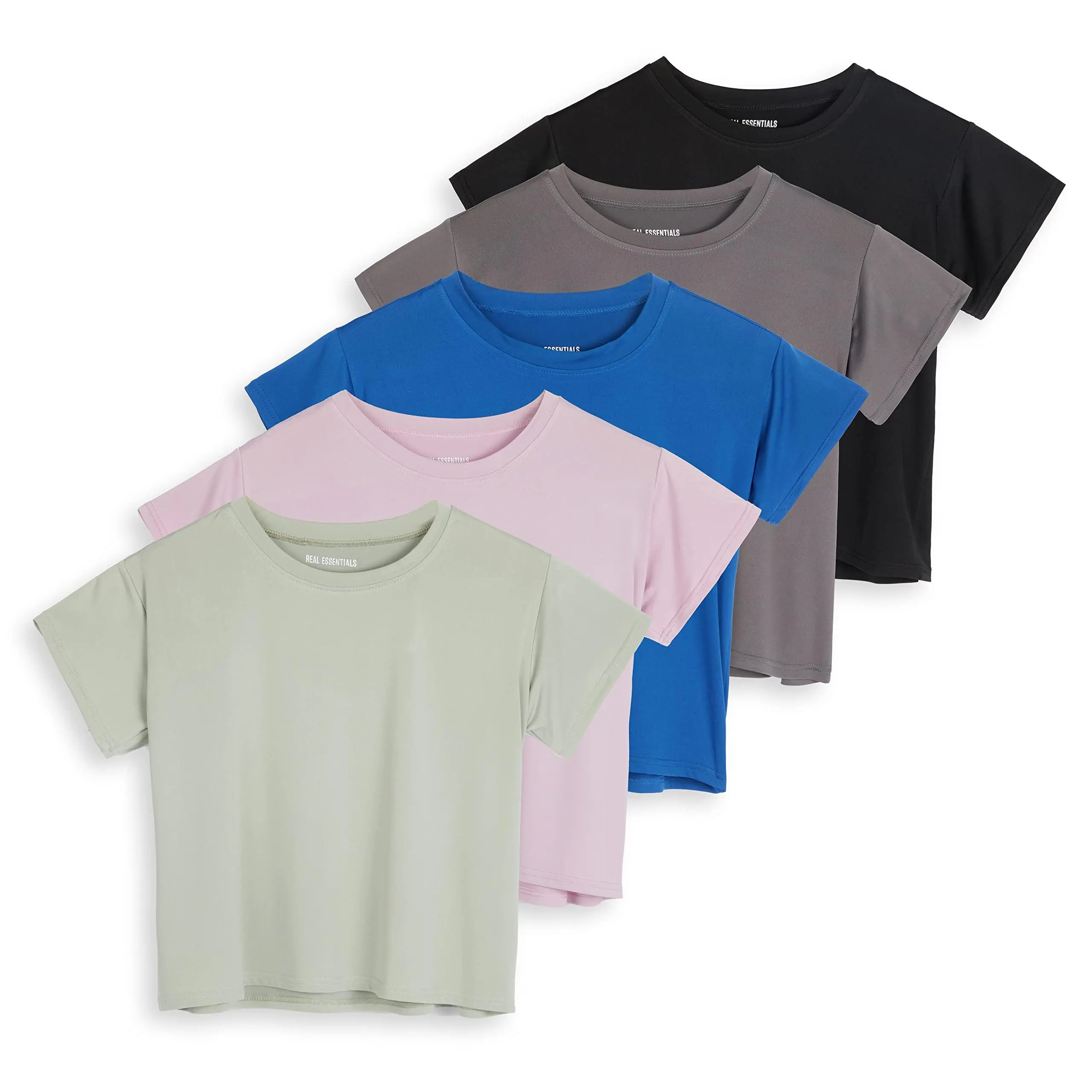 Real Essentials 5 Pack: Women's Dry Fit Crop Top - Short Sleeve Crew Neck Stretch Athletic Tee (Available in Plus Size) Real Essentials 5 Pack: Women's Dry Fit Crop Top - Short Sleeve Crew Neck Stretch Athletic Tee (Available in Plus Size)
