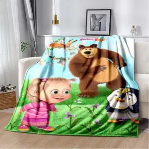 Cartoon Anime Blanket Masha and Bear Blanket Cute Cartoon Print Soft Flannel Plush Kids Throw for Bedroom Nursery Decor Gift Custom Blankets  It Is An Excellent Gift for Children, Christmas gift Dream Weave Home