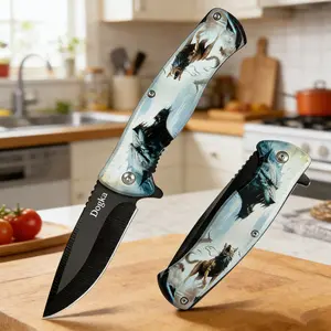 Wolf Pattern Folding Kitchen Knife | Sharp Fruit & Food Prep Tool Decorative Wolf-Themed Folding Kitchen Knife | Ideal Gift for Cooks Folding Kitchen Knife Fruit Prep Knife Portable Cooking Knife Compact FoldableKitchen PrepTool for DailyUseGiftable Wolf