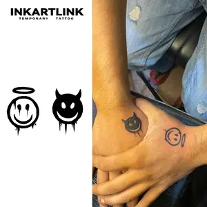 INKARTLINK [2 Sheets] Y2K Streetwear Smiley Face Temporary Tattoos, Angel & Devil Graffiti Style Fake Tattoos, Waterproof Aesthetic Body Art for Teens