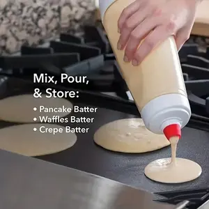 Pancake Batter Dispenser with Blender Balls,33 Oz Pancake Mixer Bottle,Batter Mixer,Kitchen Batter Squeezer Bottle with Graduated Lines and Sturdy Base for Cupcakes,Crepes,Muffins,Pancakes