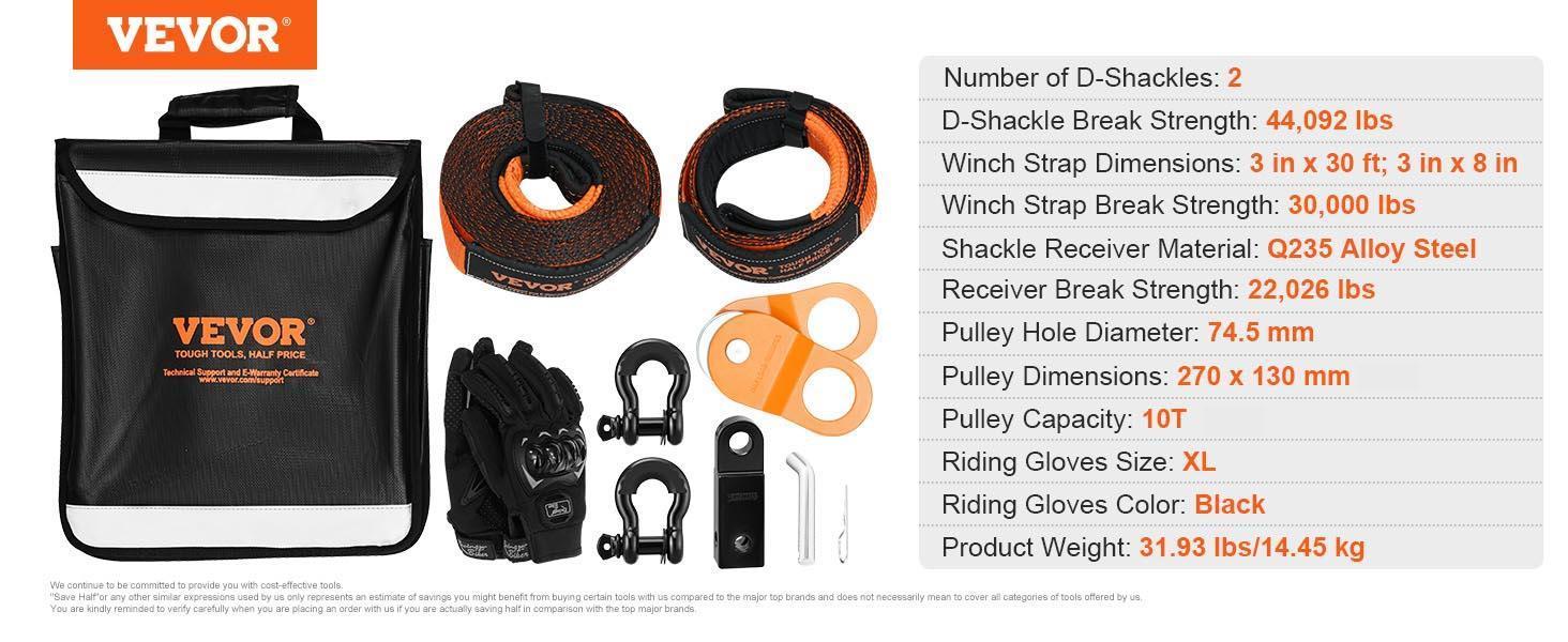 VEVOR Off-Road Recovery Kit, TikTokShopBlackFriday, 3" x 30', Heavy Duty Winch Recovery Kit with 30000 lbs Tow Straps, 44092 lbs D-Ring Shackles, Shackle Receiver, Snatch Block Pulley, Gloves, Storage Bag for ATV Jeep Truck