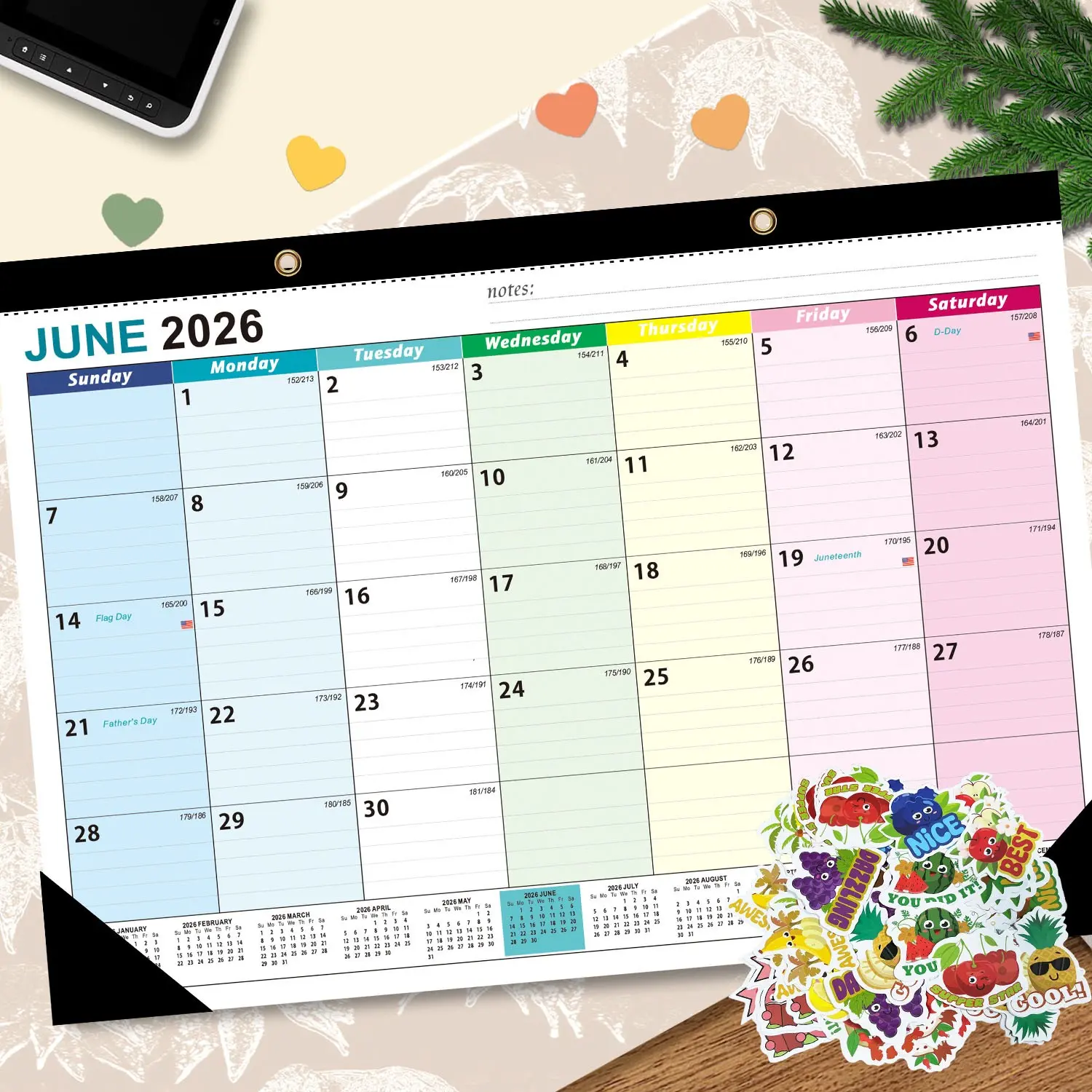 2026-2027 Wall & Desk Calendar, Calendar Design, 19 Months, 17x12 Inch Large Grid, Includes 36 Stickers, Holidays & Notes, Home Office School Monthly Planner