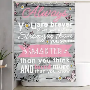 1/4pcs Rustic Gray Wood Grain Bathroom Decor Set, Bathroom Decoration Accessories - Shower Curtain + Bath Mat + Toilet Seat Cover, Pink White Daisy Butterfly Text 'Always Braver' Quote, Easter Spring Home Decor Gift, Shower Curtain Sets