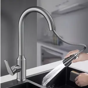 Kitchen Sink Faucet 304 Stainless Steel Pull-Out Design, Countertop Installation, Dual-Flow Spray Head, Hot & Cold Water Mixer, Pull Out Tap