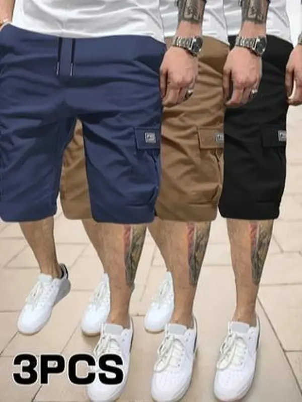 Men's 3-Pack Polyester Cargo Shorts - Summer Outdoor Casual, Loose-Fit, Mid-Waisted, Multiple Pockets, FS Logo, Solid Color, Drawstring, Athletic, Standard Sizes, Polyester Clothes