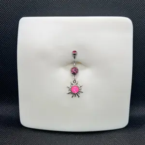 Sun Belly Ring 14G 10mm Bar with Surgical Steel Design and Pink Gemstone Detail
