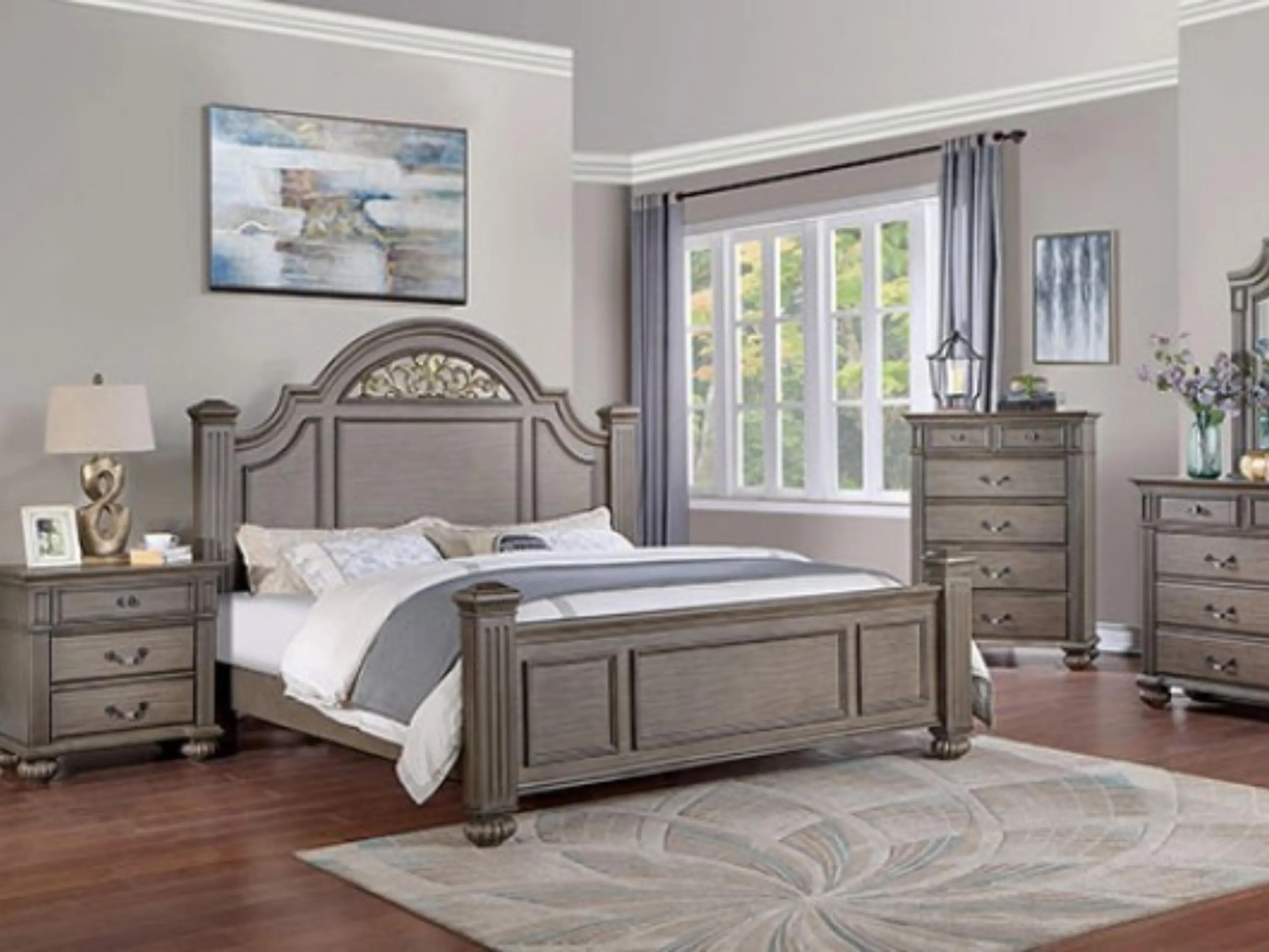 Darby Home Co CM7129GY Queen Poster Bed Set - 4-Pc Classic Style with Oval Headboard, Syracuse Grey Finish, Includes Bed Frame & Nightstand Set, Assembly Required, Ideal for Bedroom Decor, Sturdy