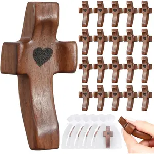 30Pcs Wooden Cross Fidget with Organza Bags Cross My Heart/Encouragement Gift Handcrafted Walnut Pocket Cross Handheld Prayer Stress Relief Christian Faith Gifts Religious Easter Day Gifts