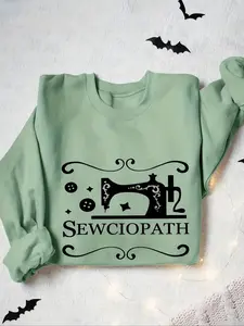 Women's Sewing Machine & Letter Print Drop Shoulder Sweatshirt, Casual Long Sleeve Round Neck Pullover for Fall & Winter, Ladies Clothes for Daily Wear