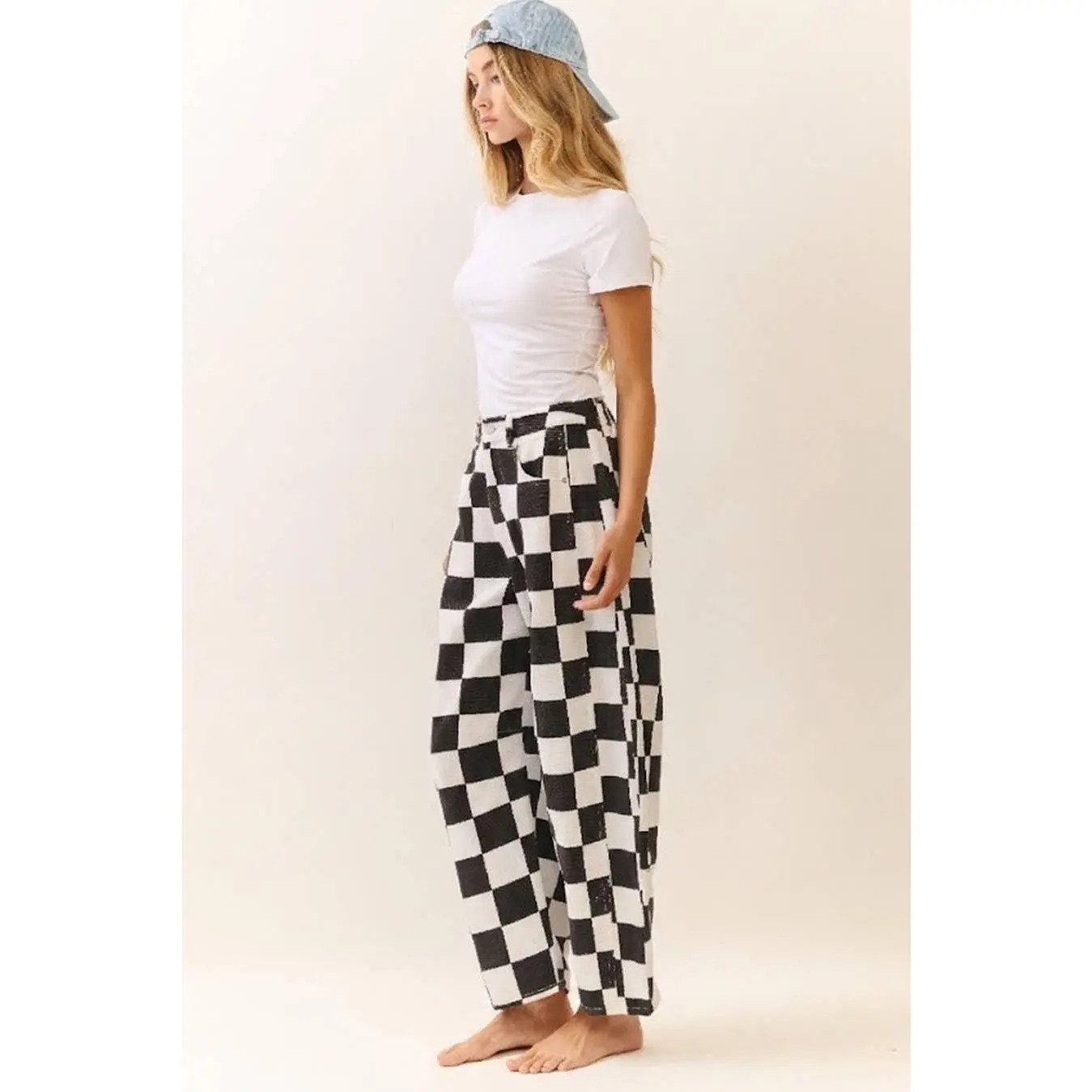 Checkered Printed Barrel Denim Pants