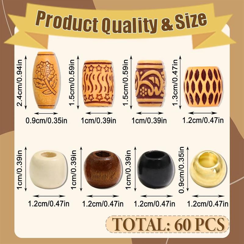 60Pcs Wooden Hair Braid Beads Multi Shape Gold Hair Jewelry for Braids Loc Dreadlock Accessories Hair Tube Decoration Hair Cuffs DIY Braid Clips for n and Men