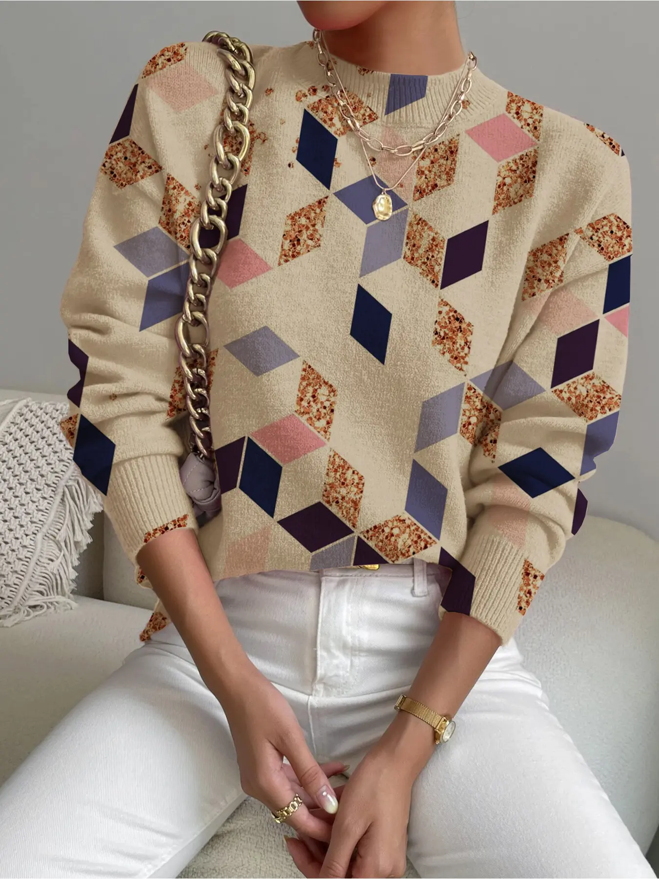 Women's Geometric Colorblock Print Stand Collar Sweater, Casual Long Sleeve Knitwear for Fall Winter, Comfortable Warm Daily Wear