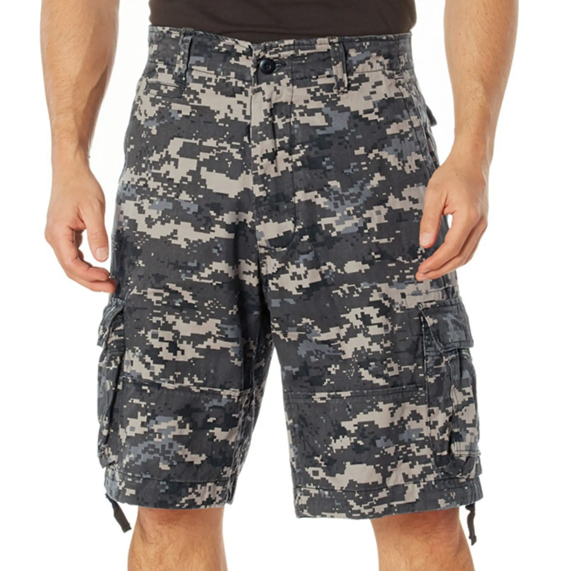 Men's Subdued Urban Digital Camo Cargo Shorts - Heavyweight Cotton, Belt-Included, Breathable Menswear - Vintage Infantry Utility BDU, Casual Outdoor, Zipper Fly, Pleated, Pocket, Camouflage