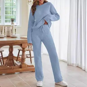 Womens Fuzzy Fleece Long Sleeve 2 Piece Loungewear Outfits Sweater Pants Pajama Sets