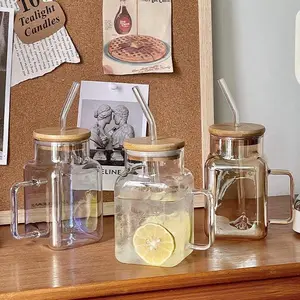 Aesthetic Mug With Glass Straw And Wooden Lid