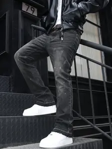 Men's Washed Ink Spray Micro Flare Jeans, Four-Season Frayed Hem High Street Post-Apocalyptic Long Pants, Streetwear Brand Men's Pants