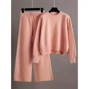 2025Women's Casual Knitwear Set - Cozy Long Sleeve Crew Neck Sweater & Wide-Leg Pants, Solid Color, Polyester Clothing Collar