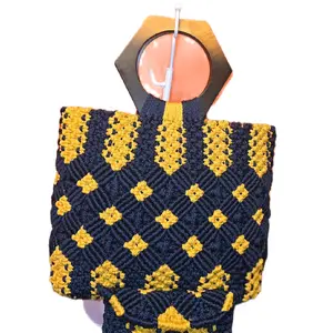 Blue and Gold Macrame Tote - Handcrafted with Intricate Patterns and Vibrant Colors for a Unique Style