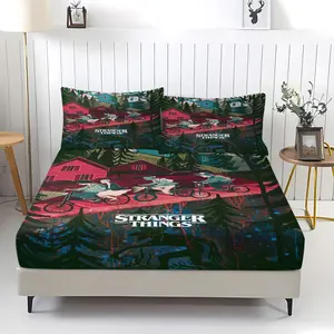 3 Piece Stranger Things Patterned Fitted Sheet,Including 1 Bed Sheet and 2 Pillowcases,Anti Slip Dust Cover Suitable for Bedrooms and Guest Rooms,Suitable for Personal Use or Gift Giving