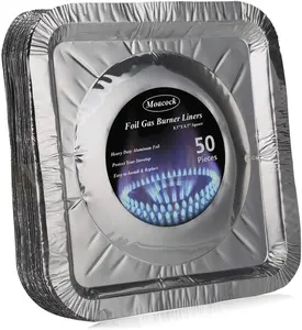 50 Pack Aluminum Foil Square Stove Burner Covers Disposable Heavy Thick Quality Bib Liners Drip Pans Gas Range Top Protectors 8.5”