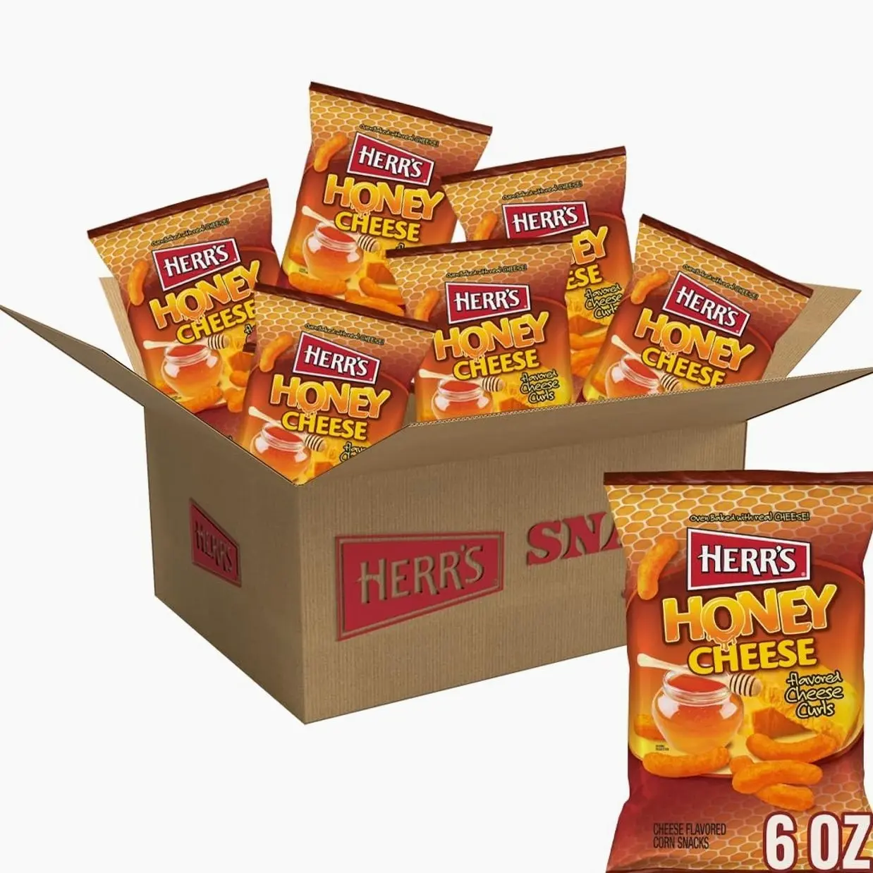 Herr’s Cheese Curls, Honey Cheese Flavored, Gluten Free Snacks, 6oz Bag (6 Count)