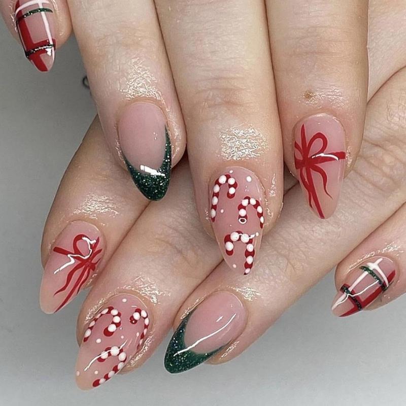 Christmas Press on Nails Medium Almond Fake Nails with Gift Design Green Glitter French Tips Glue on Nails Red Canes Stick on Nail Winter Xmas False Nail for Women Girls Holiday Manicure 24pcs