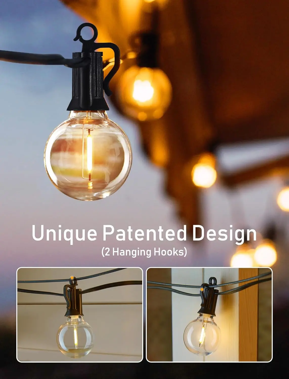 Solar Outdoor String Patio Bistro Lights, 50ft 52LED 3W G40 Bulbs, USB Rechargeable Portable Edison Café String Lights for Porch, Pergola, Backyard, Garden, Pool, Party, Camping