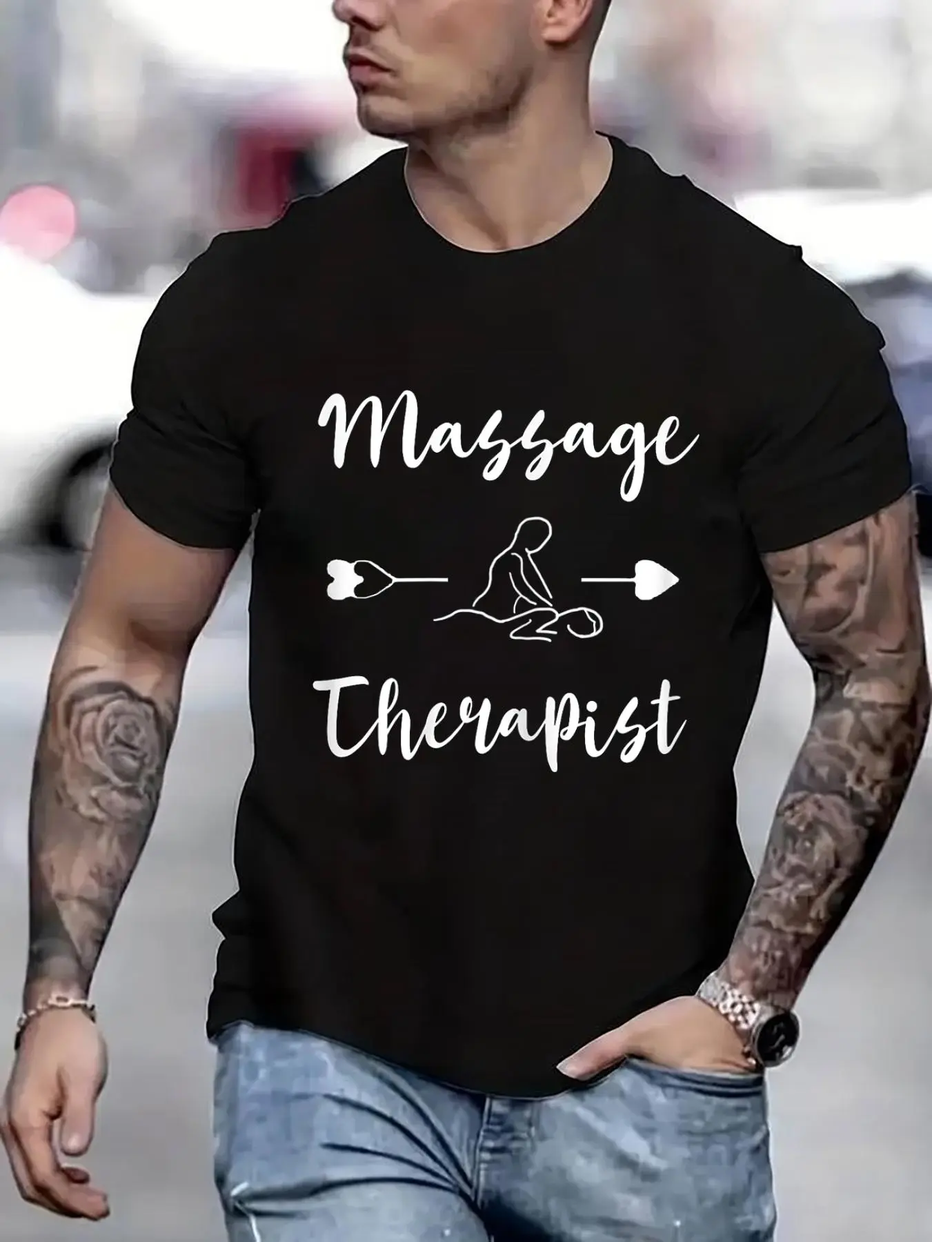 100% cotton Massage Therapist Spa Masseur Licensed Massage Therapist Printed T-shirt, Short-sleeved Crew Neck Casual Top, Suitable For All Seasons, Men's Wear