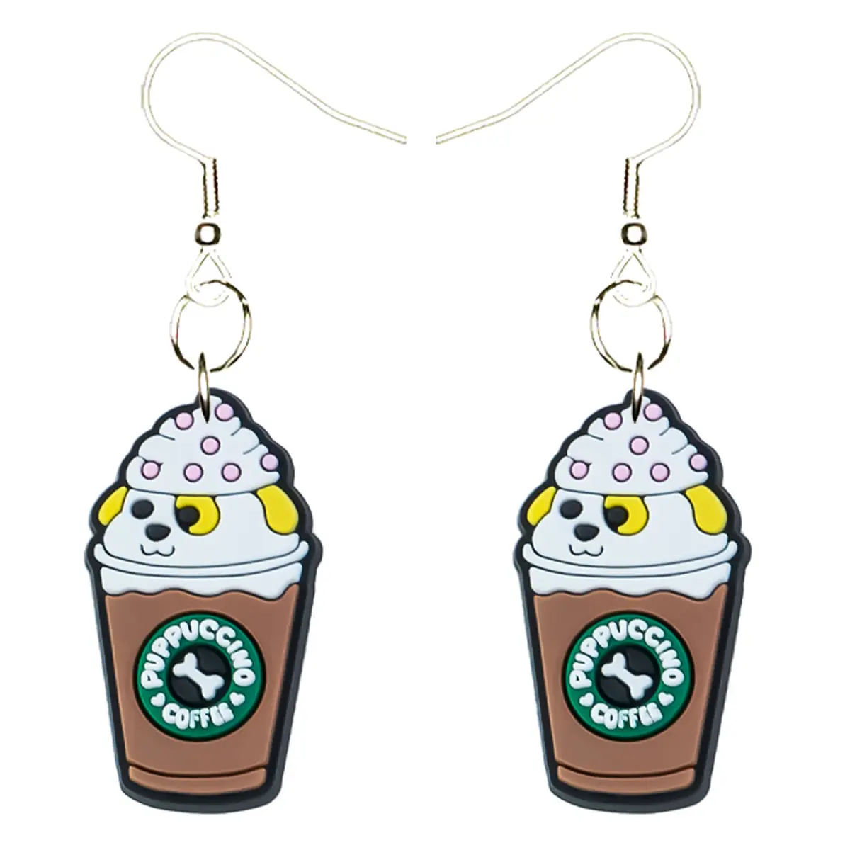 Pup Cup Dog Puppy Earrings Hypoallergenic Silver Plated Fishhooks Hypoallergenic Yazzle Dazzle Puppy Dog Woof Bark Cappuccino Treat