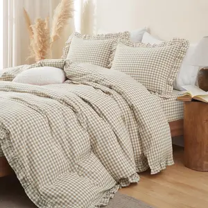 Taupe Gingham Ruffle Duvet Cover  Size 3 count  Brown Plaid Comforter Cover, Ruffled Shabby Chic Checkered Bedding Set with Zipper Closure & Corner Ties(Comforter Not Included)