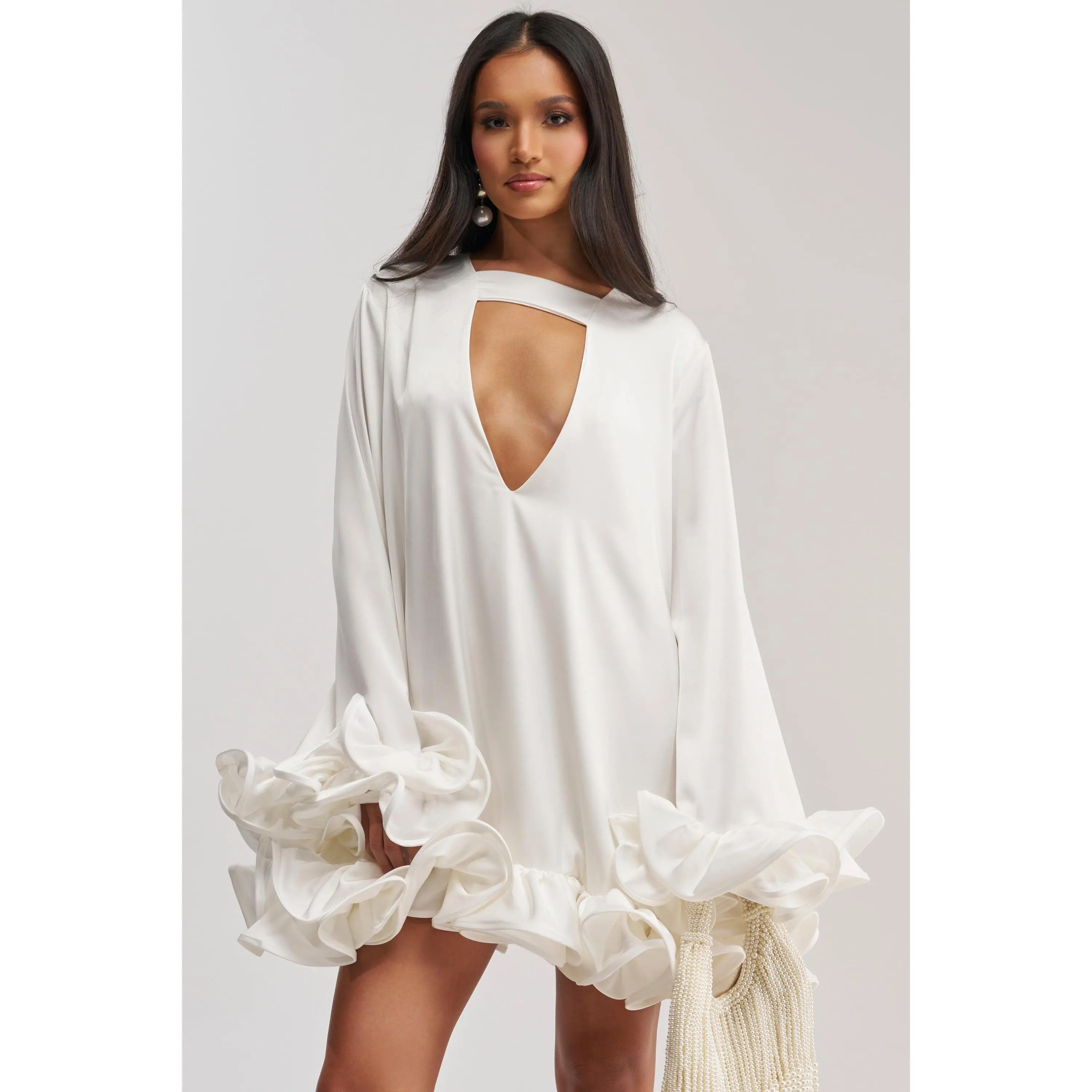 GIRLY GIRL SATIN MINI DRESS IN WHITE