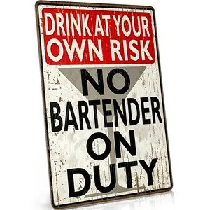 Drink At Your Own Risk No Bartender On Duty Aluminum Sign, Flat Vintage Funny Bar Wall Decor, Humorous Martini Glass Design, Perfect for Home Bar & Man Cave, 8x12 Inch, Great Hilarious Gift for Beer Lovers, Trendy Retro Grunge Vibe Decoration