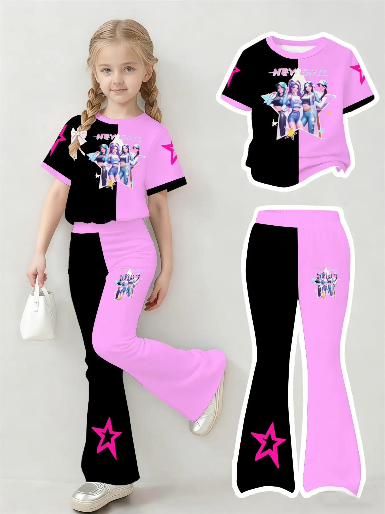Girls Virtual Girl Group Themed Casual Playful T-Shirt & Flare Shorts Set, Colorful Five-Point Star Light Pattern, Stylish Unique Clothing Set, Graphic Print Set, Summer Clothes Set, Outfits Set, Fashion Style Sets