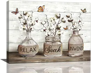 Farmhouse Bathroom Decor Wall Art Rustic Cotton Bathroom Pictures Canvas Print Country Bathroom Relax Soak Unwind Sign Artwork Modern Home Decor for Bathroom Framed Ready to Hang 12"x16"