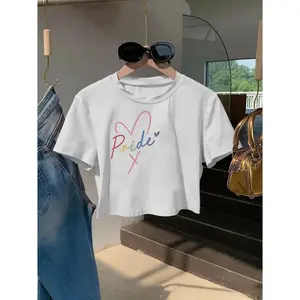 Womens Cotton Cropped Tee Short Sleeve Graphic Pride Heart Rainbow Print Casual Summer Top For Concert Festival Streetwear Travel And Everyday Outfits