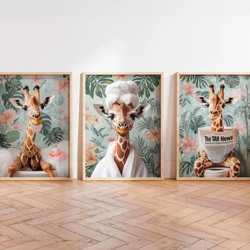 Funny Giraffe Bathroom Art Prints: Botanical Toilet Decor, Set of 3