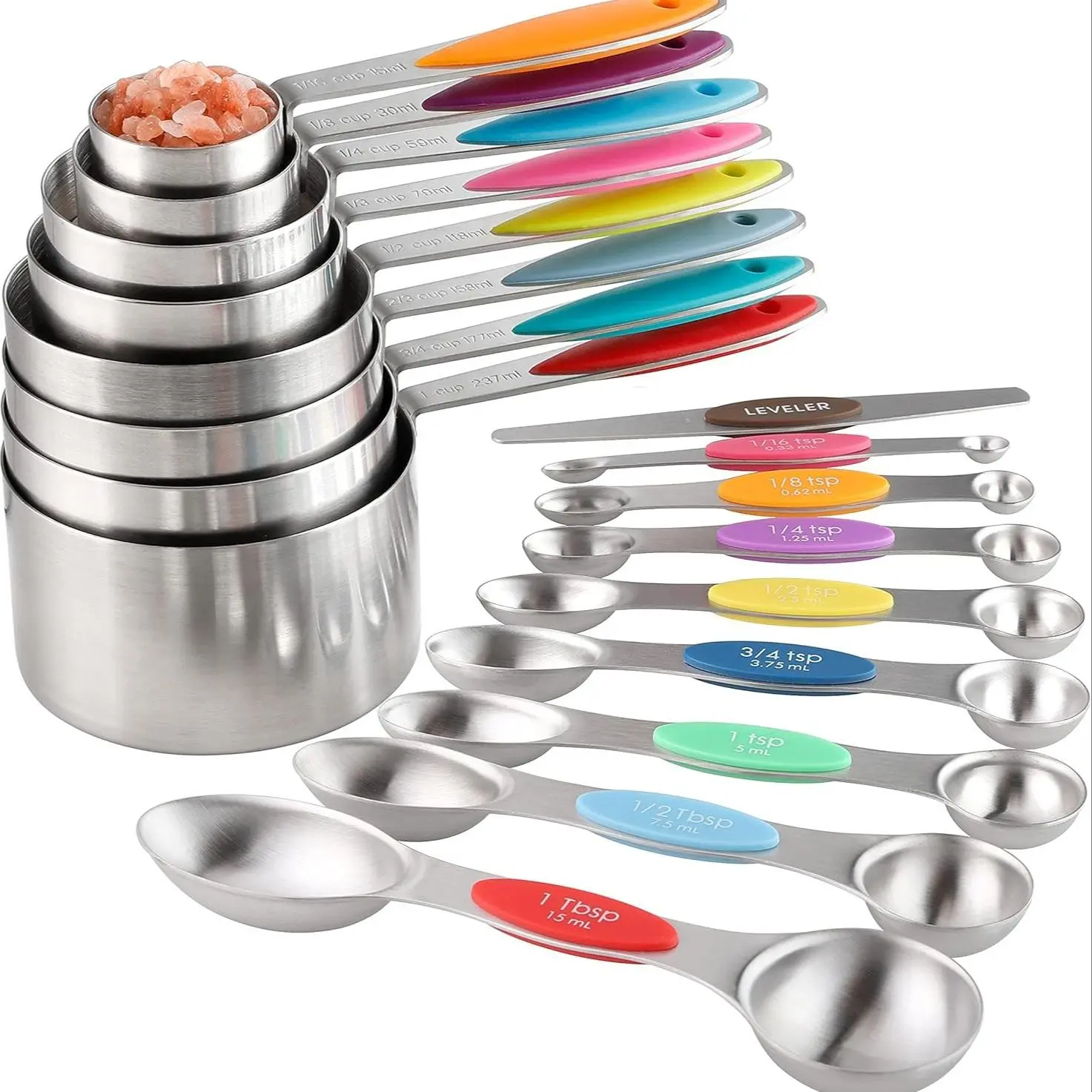 Thick Stainless Steel Measuring Cups and Spoons Set of 5/10/17 Pieces, Kitchen Measuring Utensils, Food Measuring Tool, Nesting Design with Soft Touch Silicone Handles, Essential for Baking and Cooking Christmas Gift Kitchenware