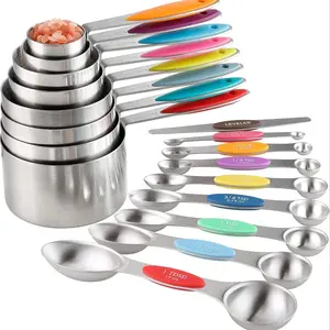 Thick Stainless Steel Measuring Cups and Spoons Set of 5/10/17 Pieces, Kitchen Measuring Utensils, Nesting Design with Soft Touch Silicone Handles, Essential for Baking and Cooking Christmas Gift