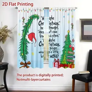Christmas Theme 2pcs HD Digital Print Curtains, Polyester Material, Semi-Transparent Privacy Protection, Washable, Rod Pocket Hanging