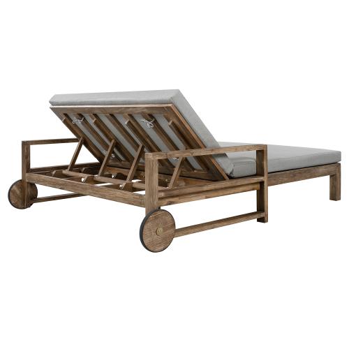Wood-Frame Outdoor Sunbed with 4-Level Adjustable Backrest, Cushioned Seat, Armrest, 56.7"l x 76.2"w x 33.5"h, 89.2 lbs, 2-Person Lounger for Poolside, Backyard, Outdoor Daybed