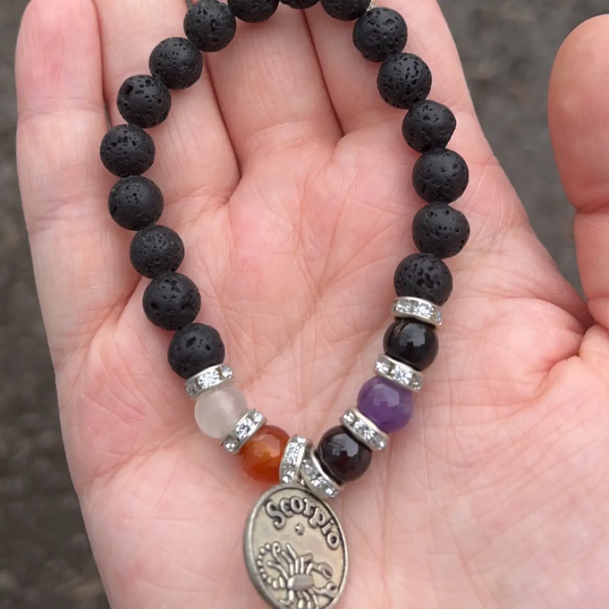 Handmade Natural 8mm Lave Stone Scorpio Zodiac Bracelet with Moonstone, Carnelian, Red Garnet, Amethyst, And Black Tourmaline.